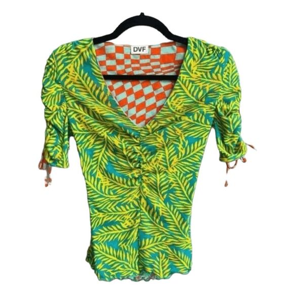 Diane Von Furstenberg Abriella Reversible Tee Checks Tropical Print L - Picture 2 of 11